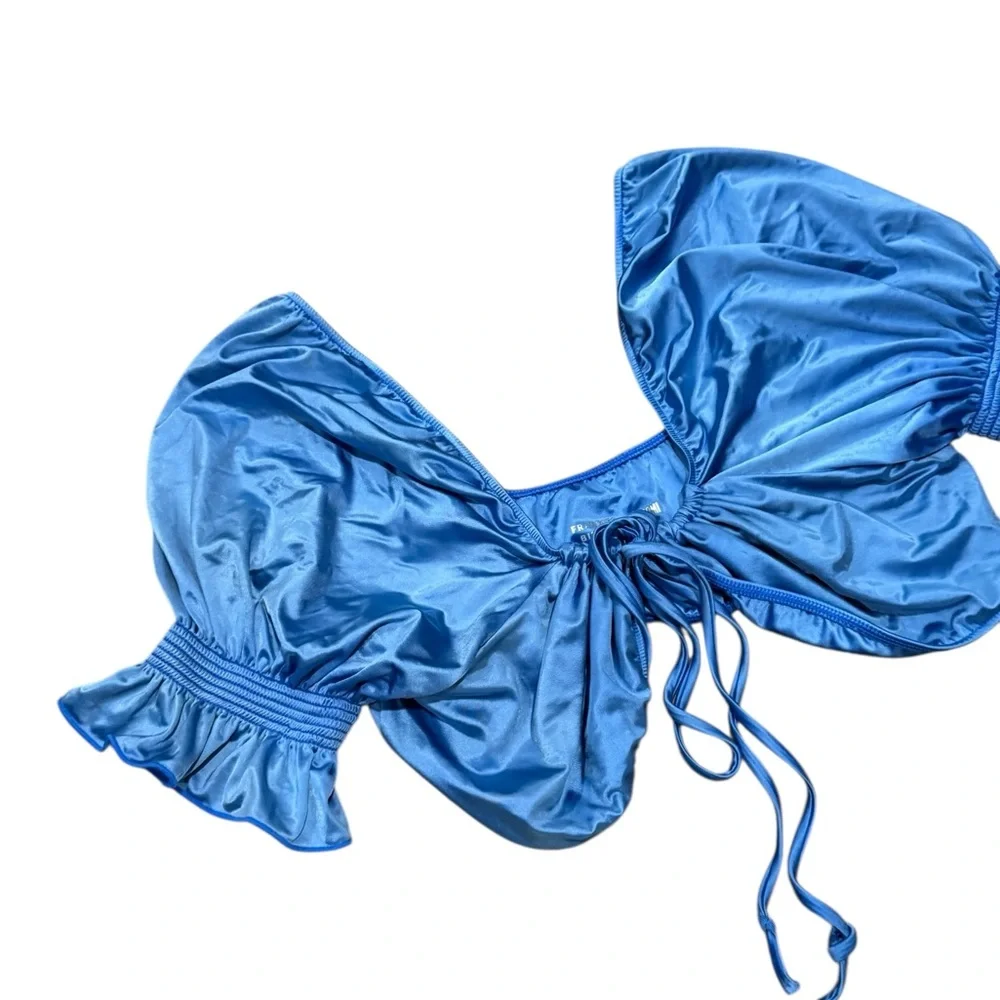 FRANKIE’S BIKINIS x Naomi Osaka Blue Carly Ruffle Tie Front Bikini Swim Top